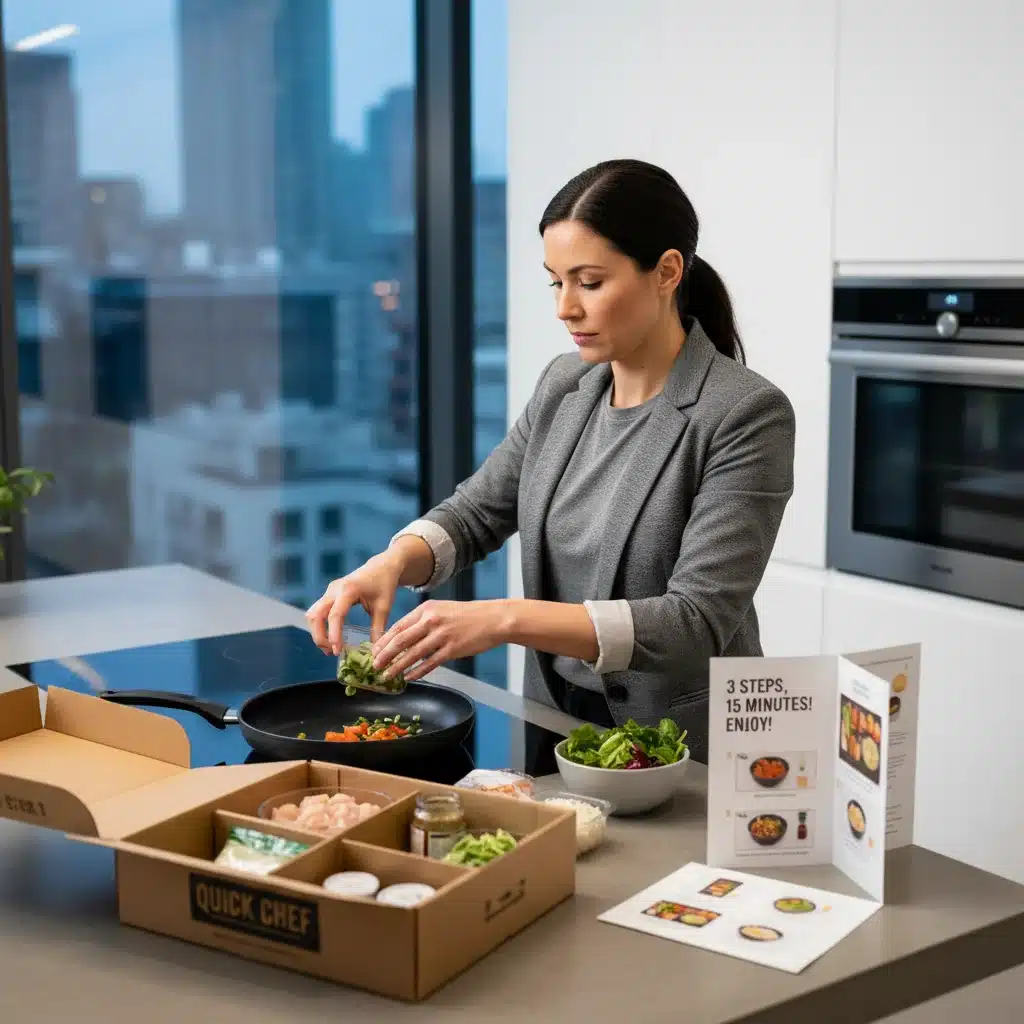 Urban professional preparing a quick meal kit in a contemporary kitchen