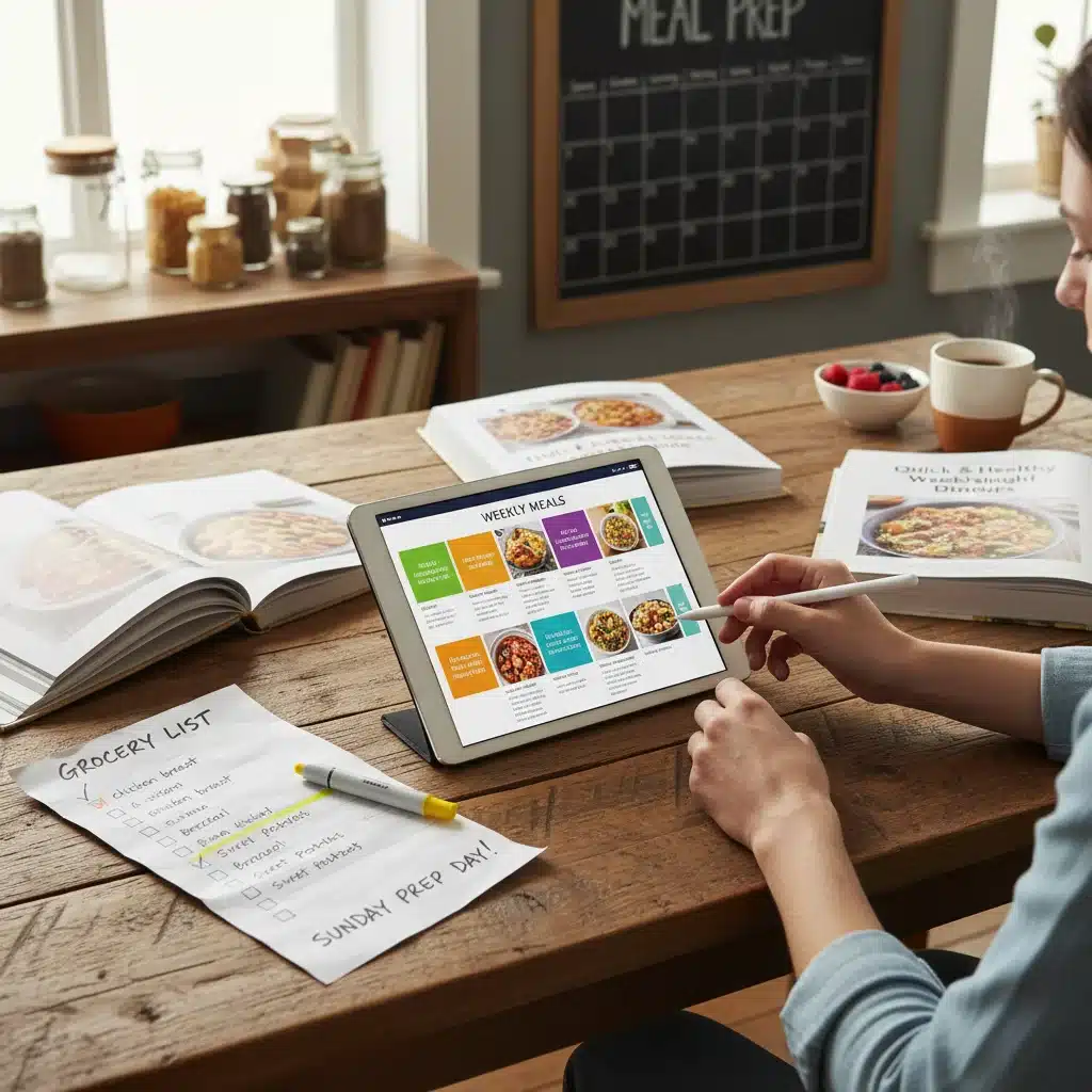 Person planning weekly meals on a tablet with cookbooks.