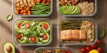 Variety of colorful and healthy meal prep main dishes in containers