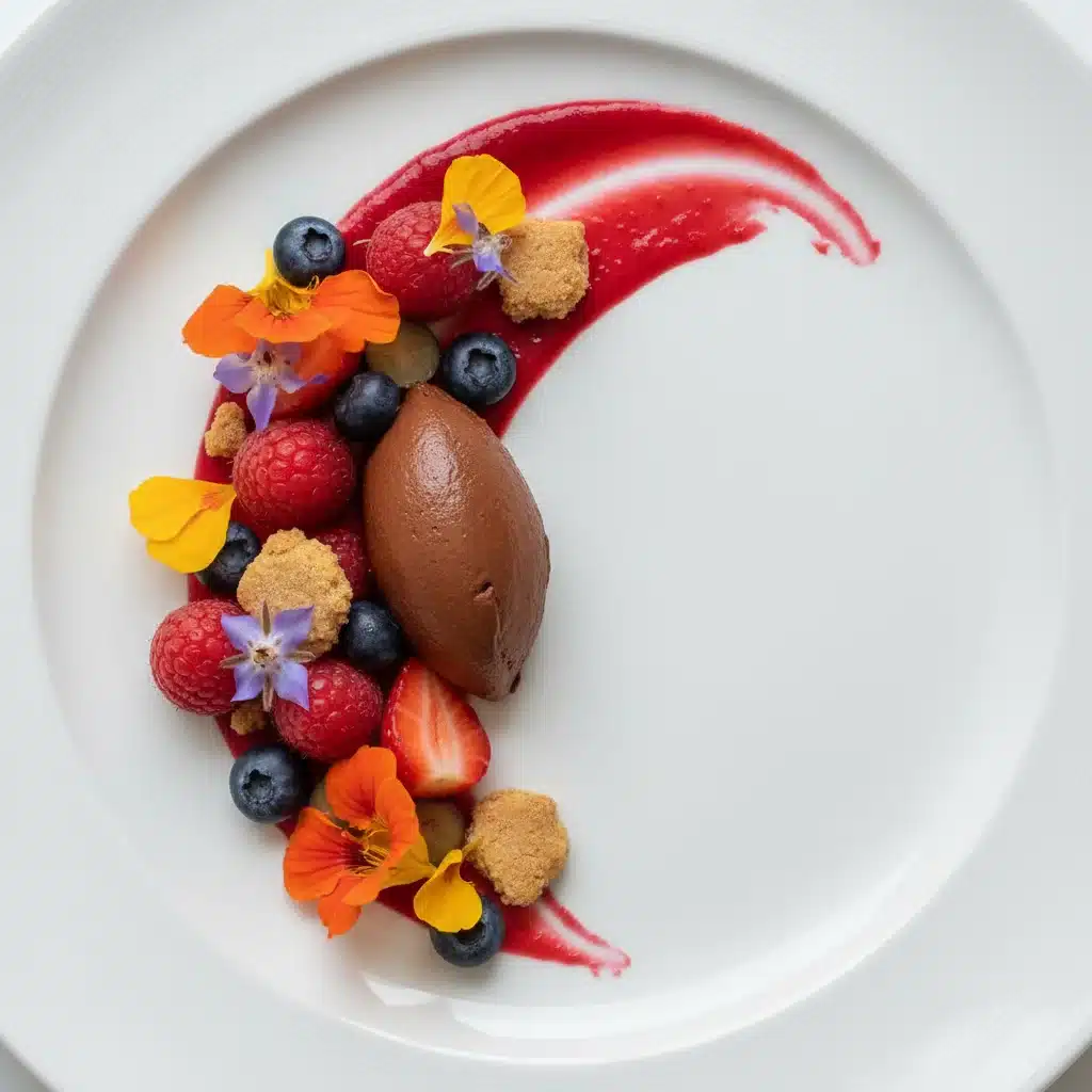 Modern deconstructed dessert plating with mousse, berries, and edible flowers.