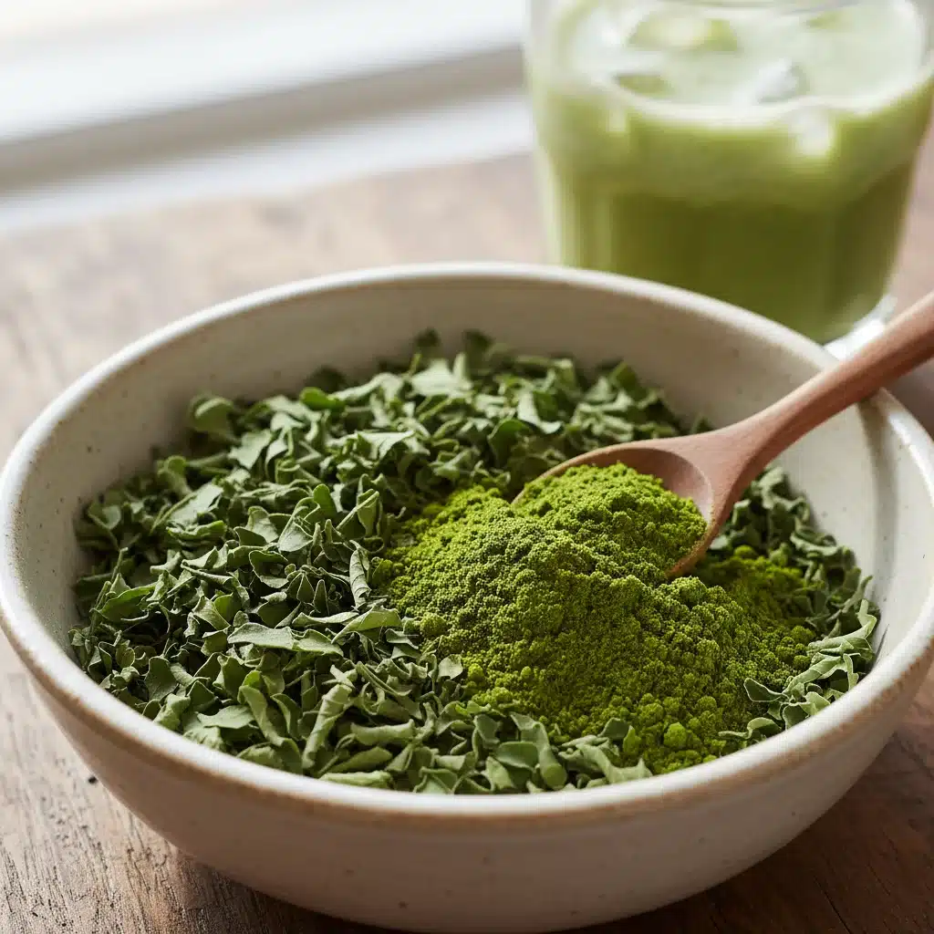 Vibrant green moringa powder and dried leaves, highlighting the nutritional benefits of this powerful superfood.