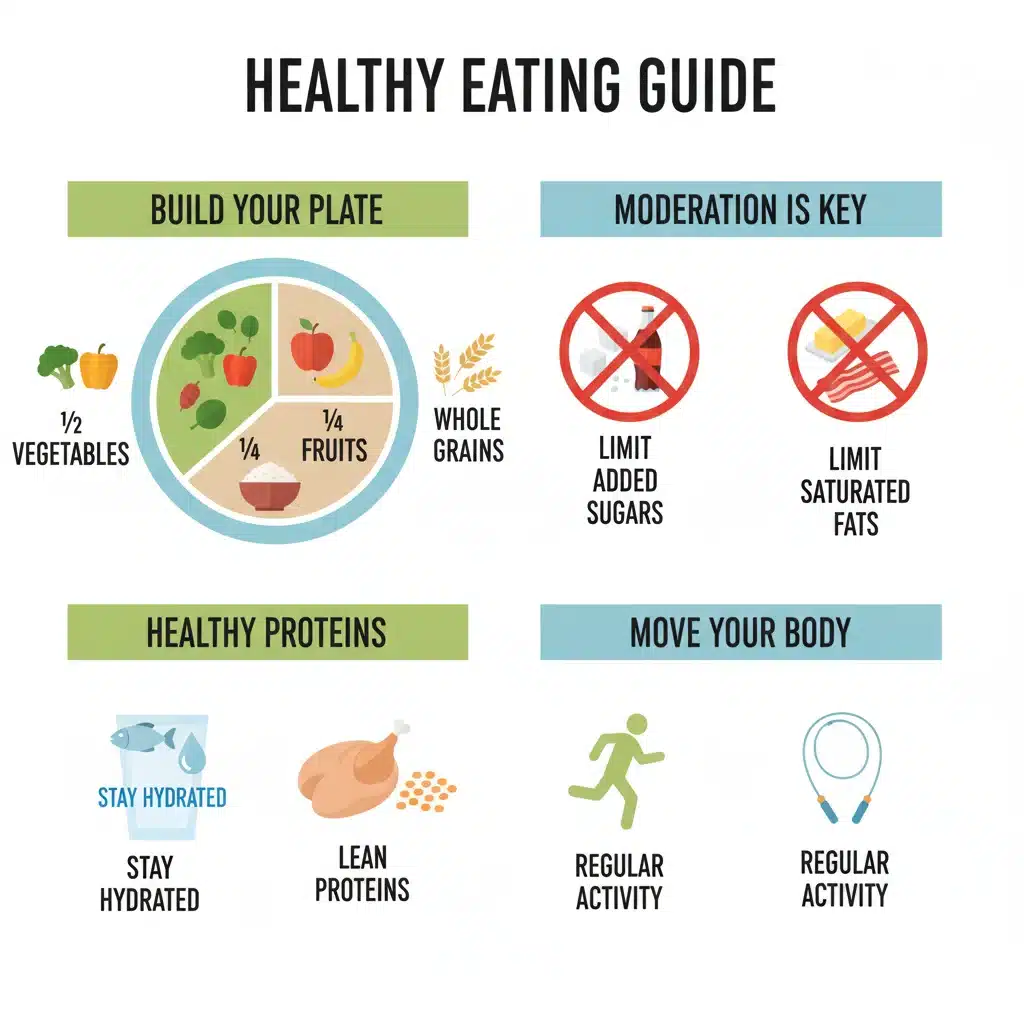 Infographic summarizing key dietary recommendations for balanced nutrition