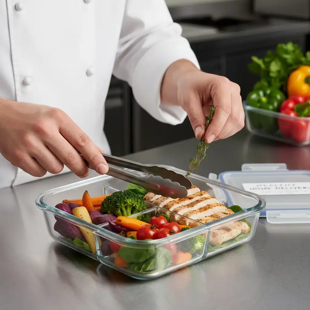 Chef preparing organic, healthy meal prep for home delivery service.