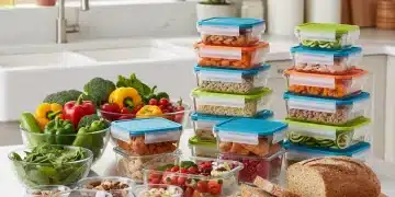 Organized meal prep containers on a kitchen counter with fresh ingredients.