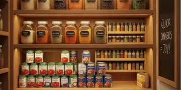 Organized pantry shelves with various quick dinner ingredients