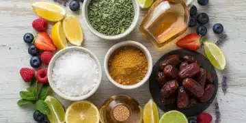 Assortment of plant-based sweeteners including stevia, erythritol, monk fruit, and agave, artfully arranged with fresh fruit.