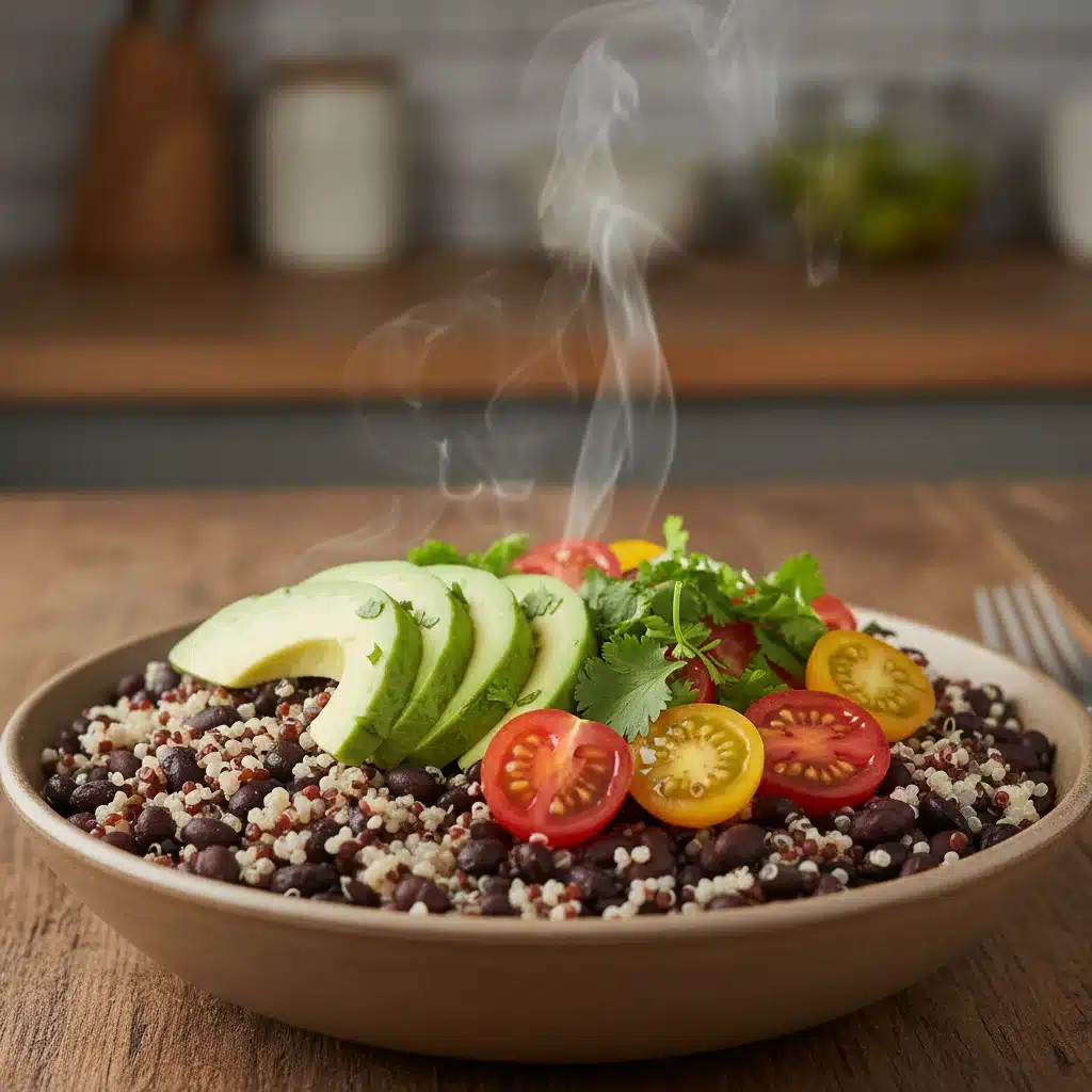 Quinoa and black bean Buddha bowl with fresh avocado