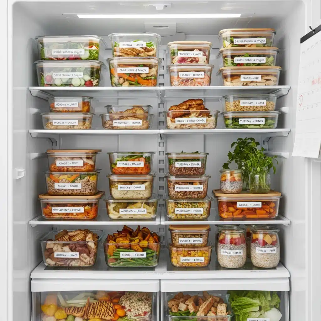 Portioned healthy meals stored in glass containers in a refrigerator.