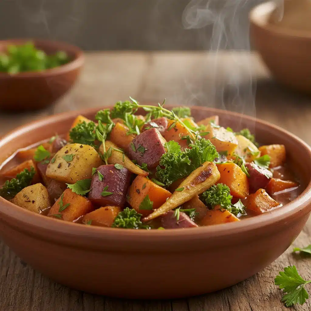 Hearty roasted root vegetable stew, garnished with fresh herbs.