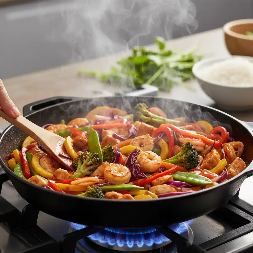 Skillet meal with vegetables and protein cooking quickly
