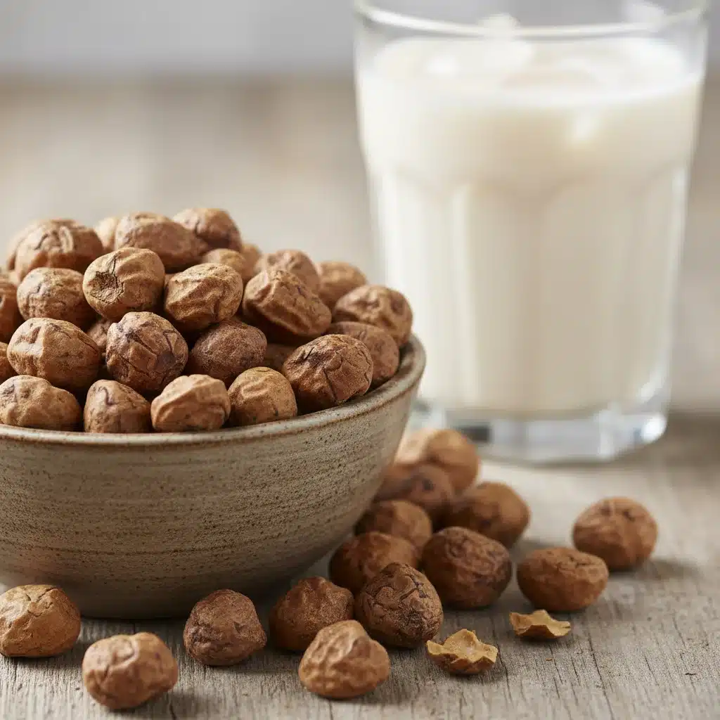 A bowl of crunchy tiger nuts, emphasizing their fiber and prebiotic content for gut health.