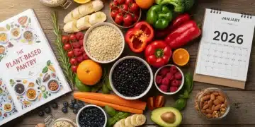 Vibrant plant-based ingredients for a 4-week meal plan, artfully arranged on a wooden table, symbolizing healthy eating in 2026.