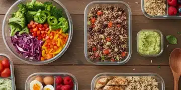 Colorful meal prep containers with healthy ingredients arranged on a kitchen counter, symbolizing quick and efficient preparation.