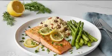 Delicious 5-ingredient lemon herb salmon with asparagus on a white plate, ready for a quick weeknight dinner.