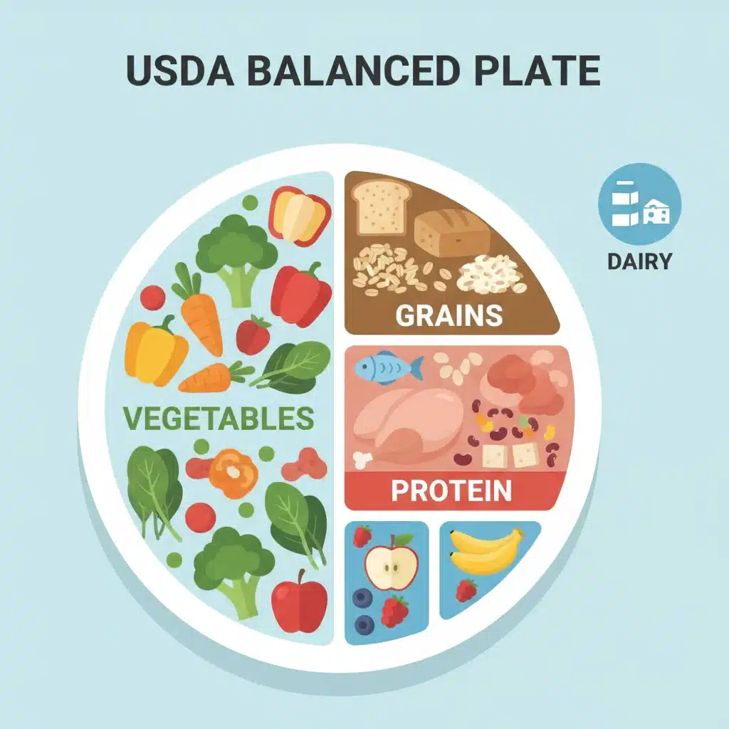 Infographic of a balanced plate based on USDA dietary recommendations