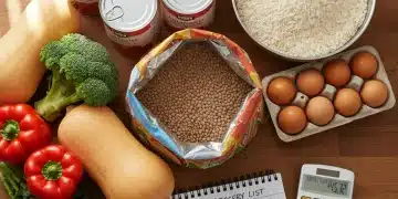 Ingredients for budget-friendly meals, showing fresh produce and pantry staples.