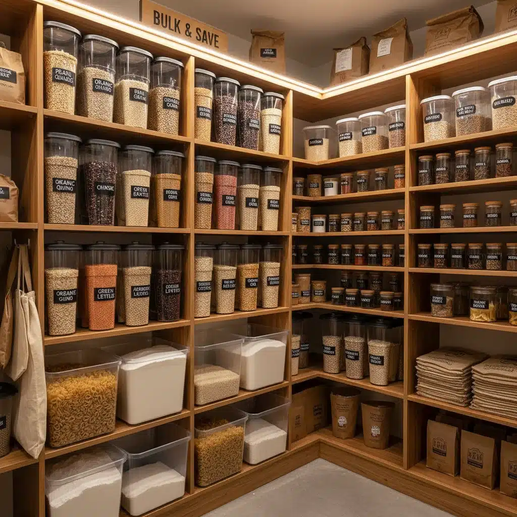 Organized pantry with bulk grains, legumes, and spices in clear containers.