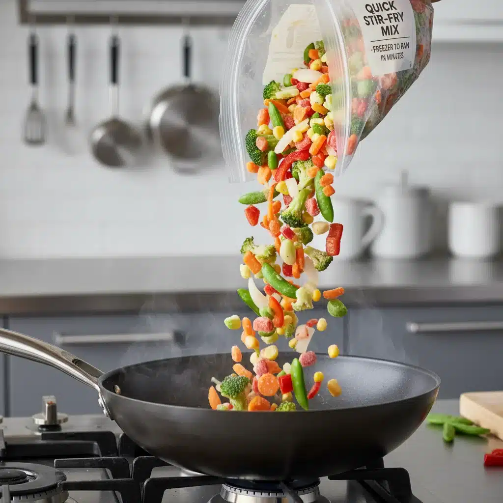 Frozen stir-fry mix being cooked in a pan