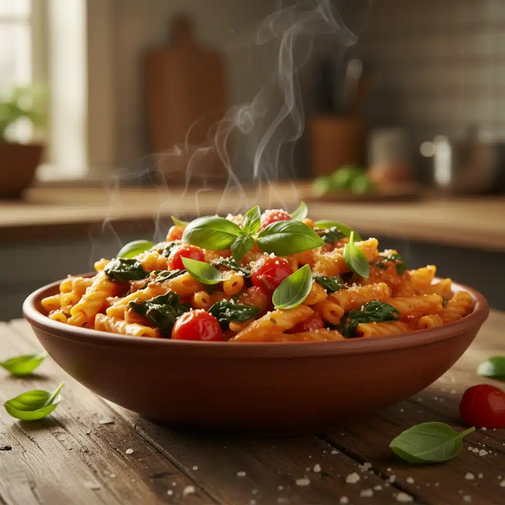 Comforting bowl of creamy tomato pasta with spinach, a perfect 5-ingredient dinner.
