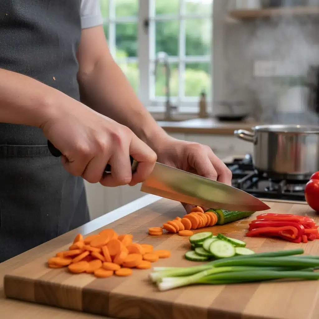 Hands rapidly chopping fresh vegetables on a cutting board, highlighting speed and efficiency in meal preparation.