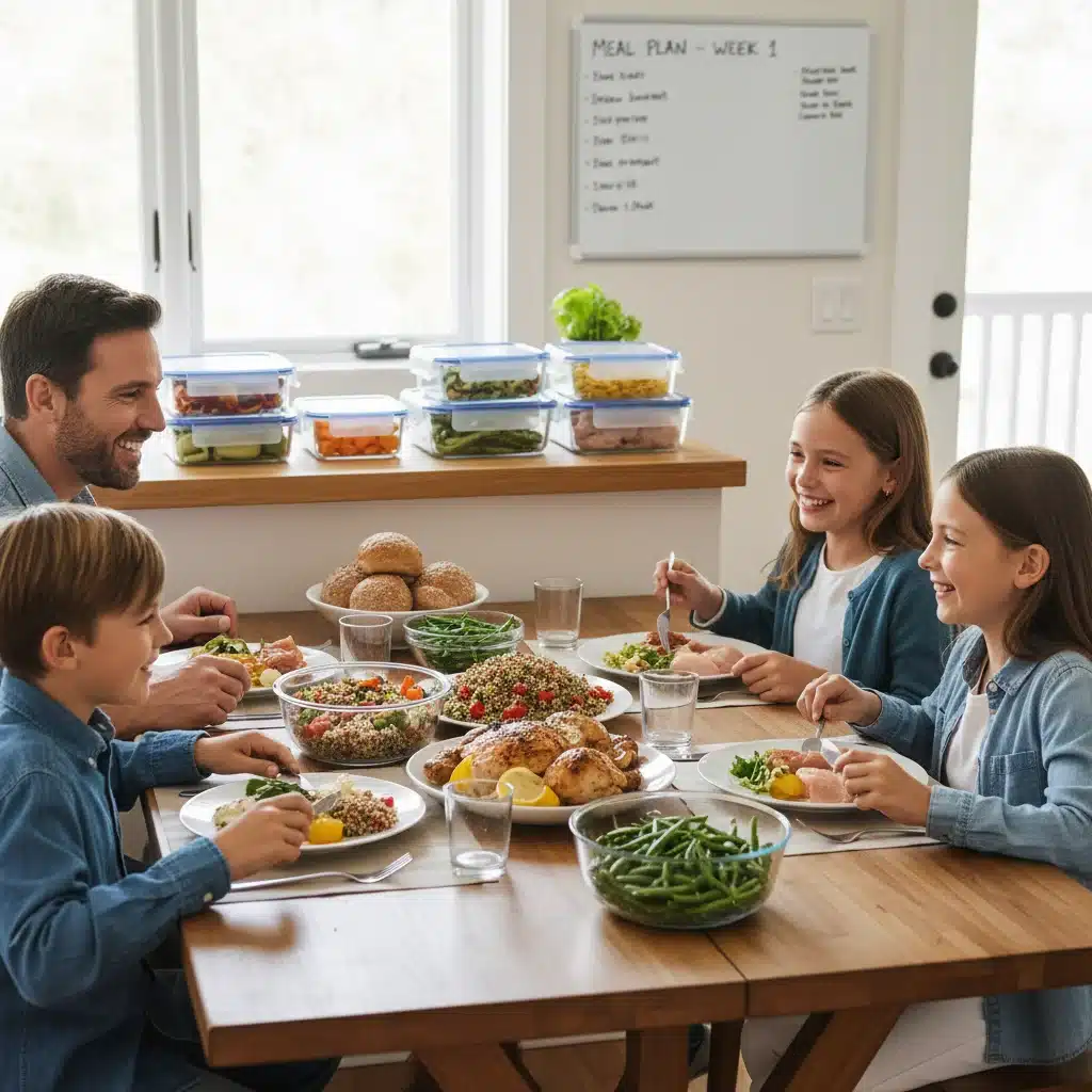 A smiling family enjoying a healthy, home-cooked dinner, illustrating the benefits of meal planning.