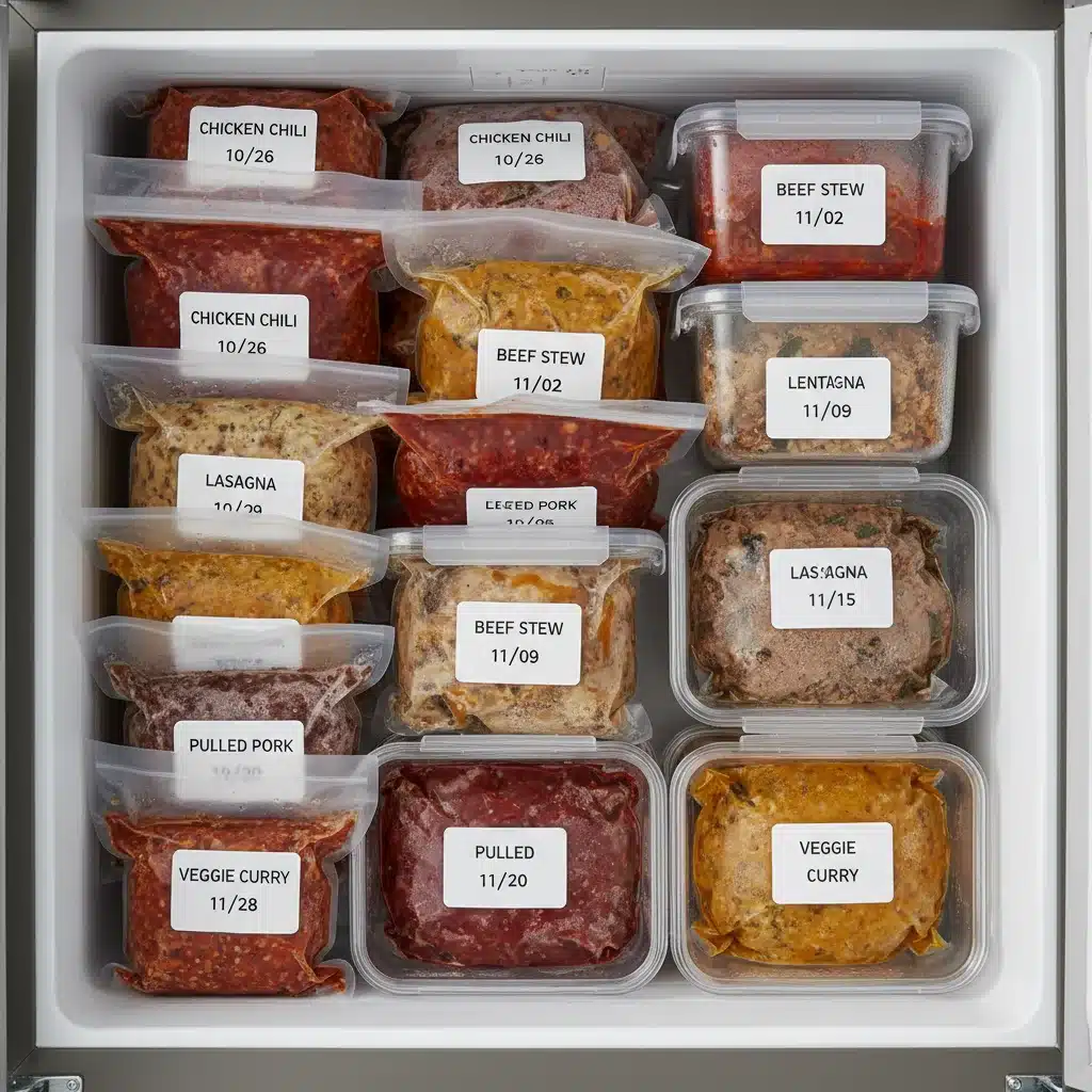 Neatly organized freezer with variety of frozen batch cooked meals