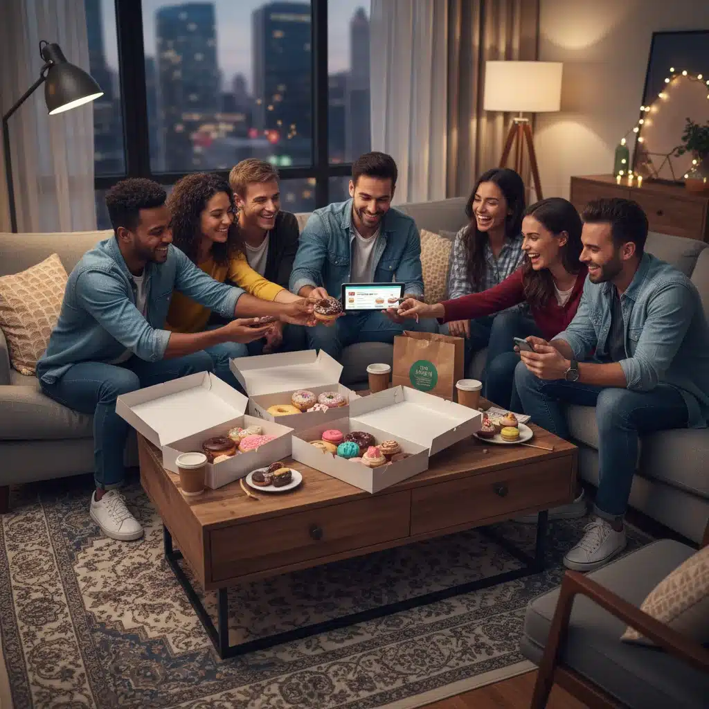Friends enjoying delivered sweet treats in a living room, showcasing convenience and social aspect of sweet treat delivery.