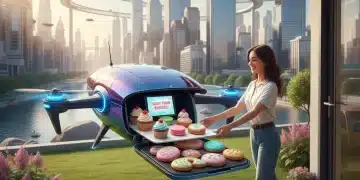 Futuristic drone delivering a box of assorted sweet treats to a customer's home, illustrating innovative sweet treat delivery.