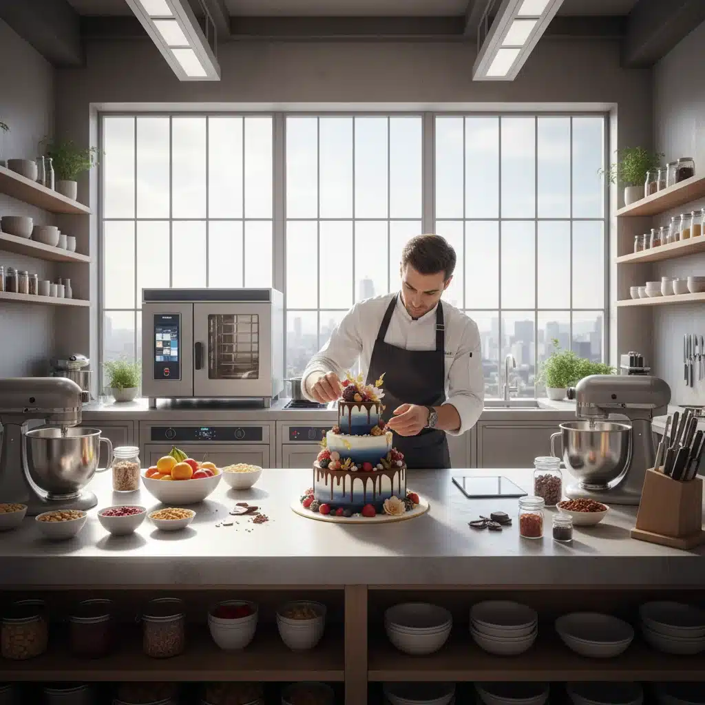 Chef meticulously decorating a gourmet cake in a modern, high-tech kitchen, highlighting artisanal sweet treat preparation.