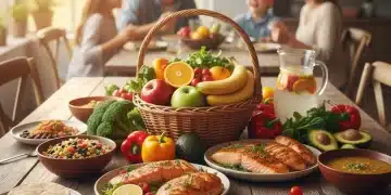 Colorful spread of healthy whole foods for family meals, USDA guidelines