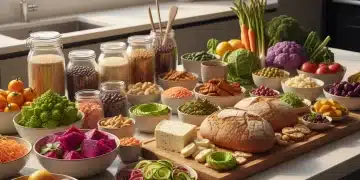 Colorful healthy food spread on a modern kitchen counter, representing future nutrition trends.
