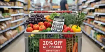 Colorful fresh fruits and vegetables in a grocery cart with a calculator, symbolizing healthy eating on a budget.