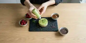 Overhead view of hands glazing a healthy vegan cheesecake bite with avocado-lime, surrounded by fresh berries and cacao nibs on a slate tray, symbolizing the evolution of sweet treats.