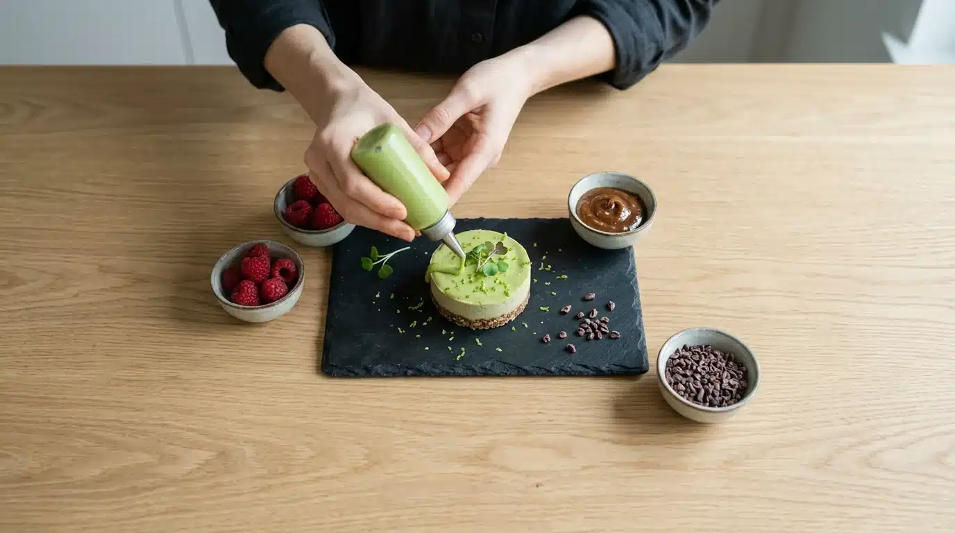 Overhead view of hands glazing a healthy vegan cheesecake bite with avocado-lime, surrounded by fresh berries and cacao nibs on a slate tray, symbolizing the evolution of sweet treats.