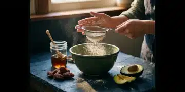 A person's hands sifting oat flour into a green ceramic bowl, surrounded by maple syrup, dates, and avocado, bathed in dramatic directional light, symbolizing healthy sweet treat ingredients.