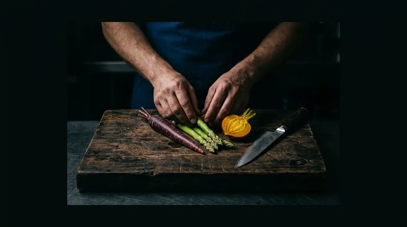 A chef's hand arranging raw heirloom vegetables on a wooden cutting board under dramatic spotlight, symbolizing expert plate building.