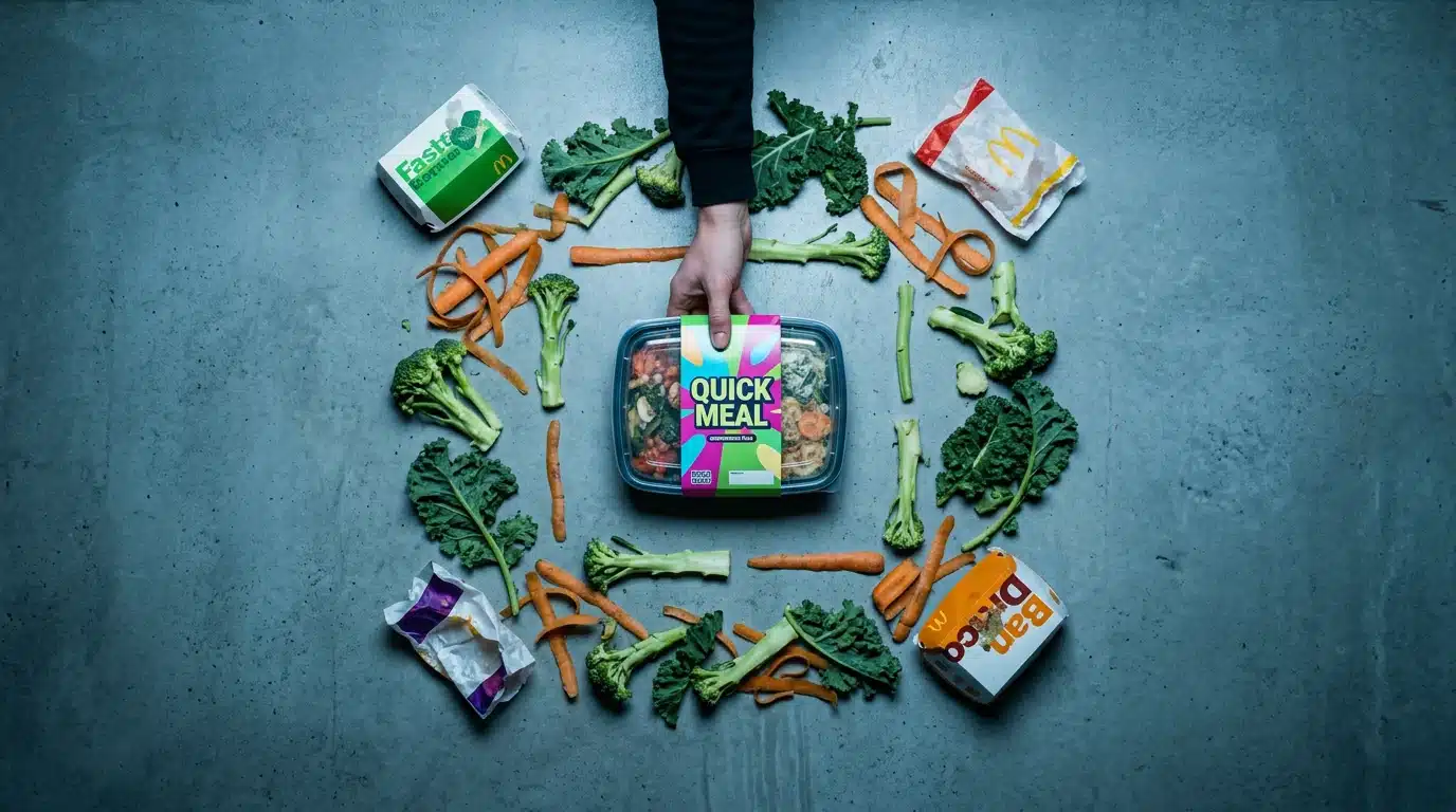 Aerial view of hands placing a bright pre-packaged meal next to discarded vegetable scraps and fast food wrappers on a concrete counter, symbolizing the pitfalls of convenience over nutrition in quick meals.