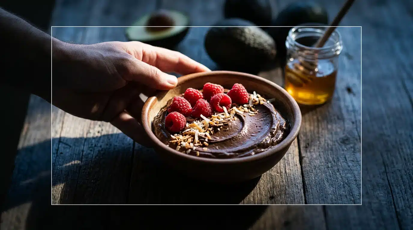 A person's hand holding a bowl of dark chocolate avocado mousse with raspberries, illustrating healthy dessert redefined beyond calories.