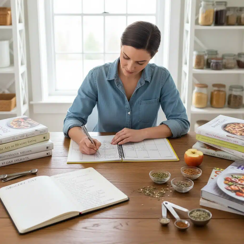 Person planning weekly meals and groceries on a calendar, surrounded by recipe books.