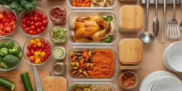 Organized kitchen counter with various prepared batch cooked main dishes
