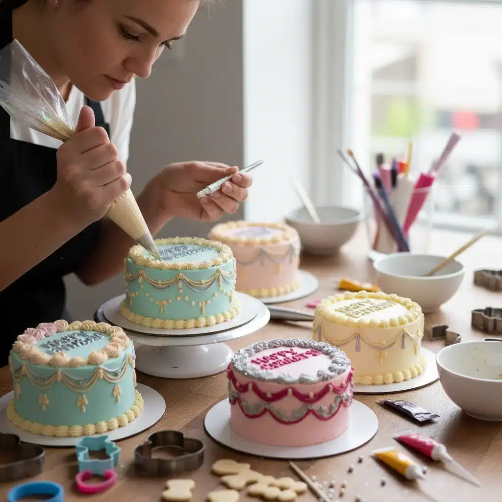 Home baker decorating personalized mini cakes with intricate details