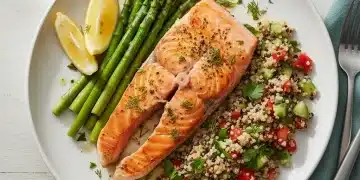 Delicious salmon with asparagus and quinoa, ideal for active lifestyles.