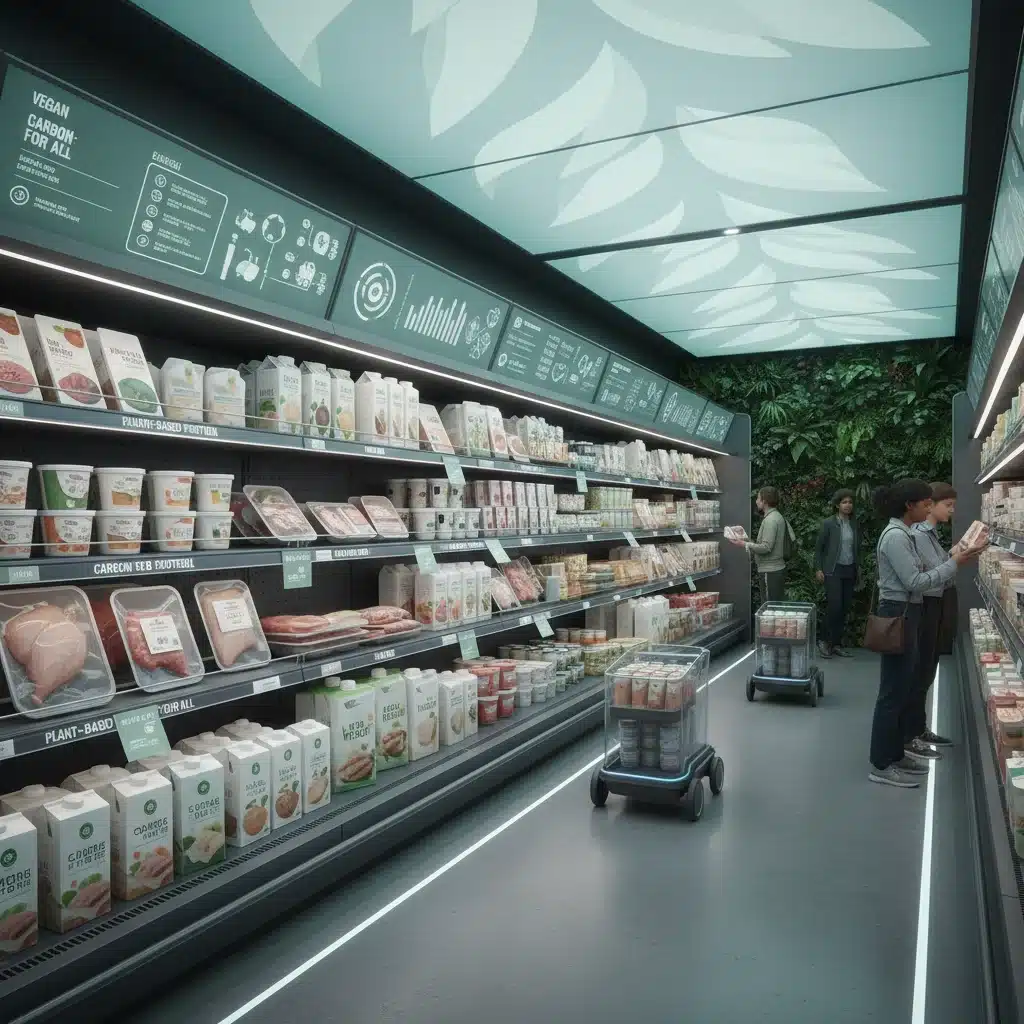 Plant-based food products in a modern grocery store aisle.