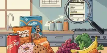 Illustration of a healthy kitchen with fresh produce contrasting sugary foods, emphasizing reading 2026 food labels.