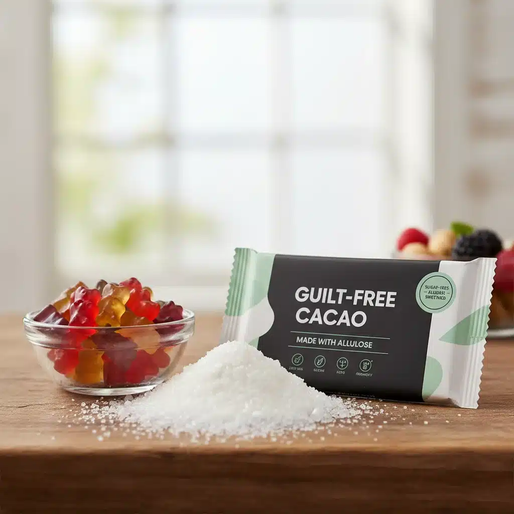 Allulose powder next to sugar-free gummy bears, showcasing a key alternative sweetener.