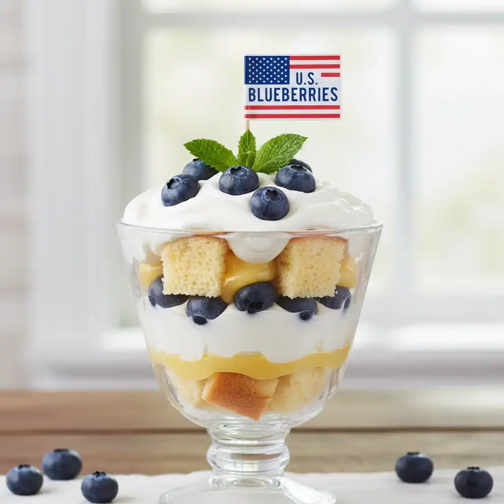 Layered blueberry lemon curd trifle with fresh U.S. blueberries and mint.