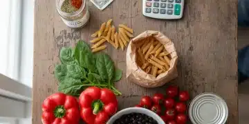 Assortment of fresh vegetables, pasta, and beans for budget healthy meals under $10