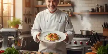 Chef presenting an exquisite main dish in a modern kitchen, symbolizing culinary excellence.