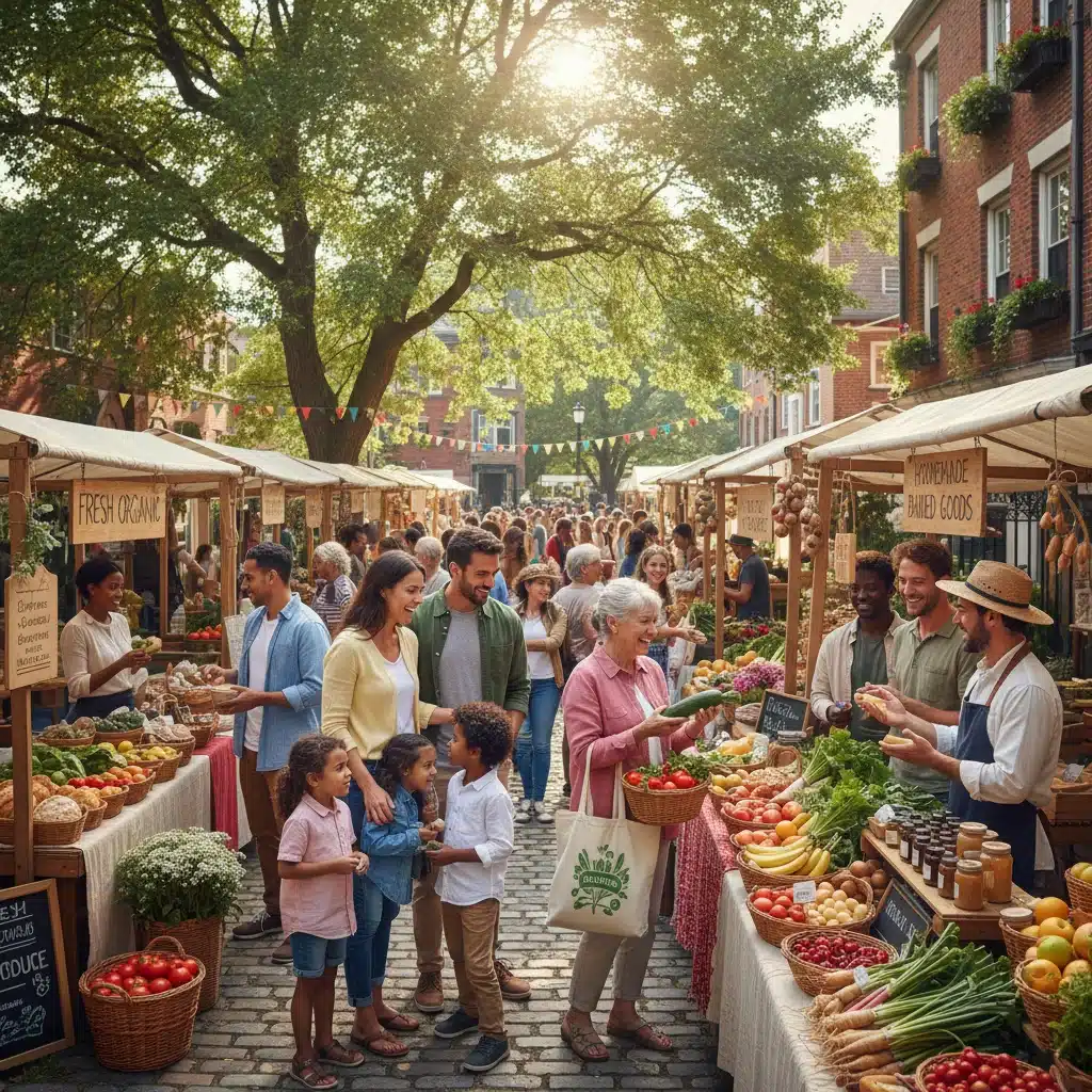 Diverse community engaging with local farmers at a vibrant outdoor market, promoting direct sourcing and transparency.
