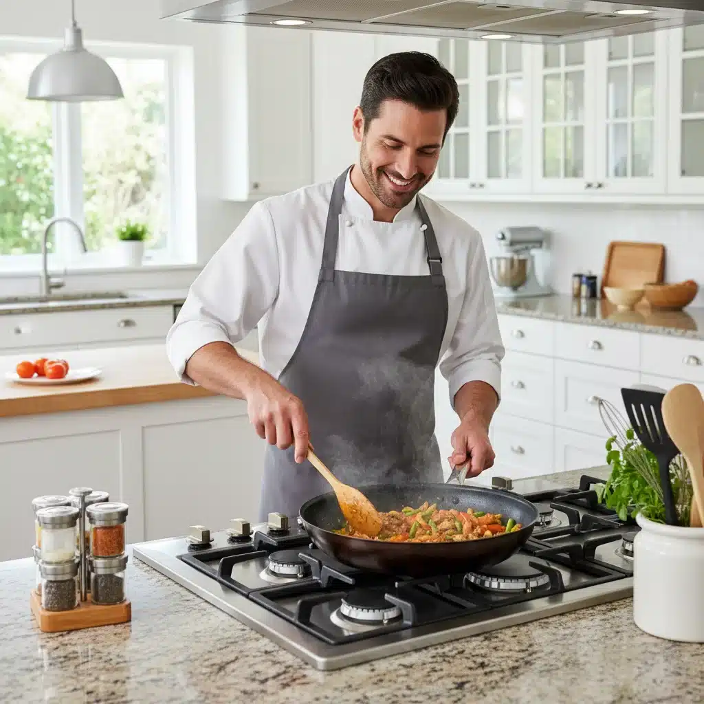Person confidently cooking a delicious meal on a stovetop, demonstrating culinary skill.